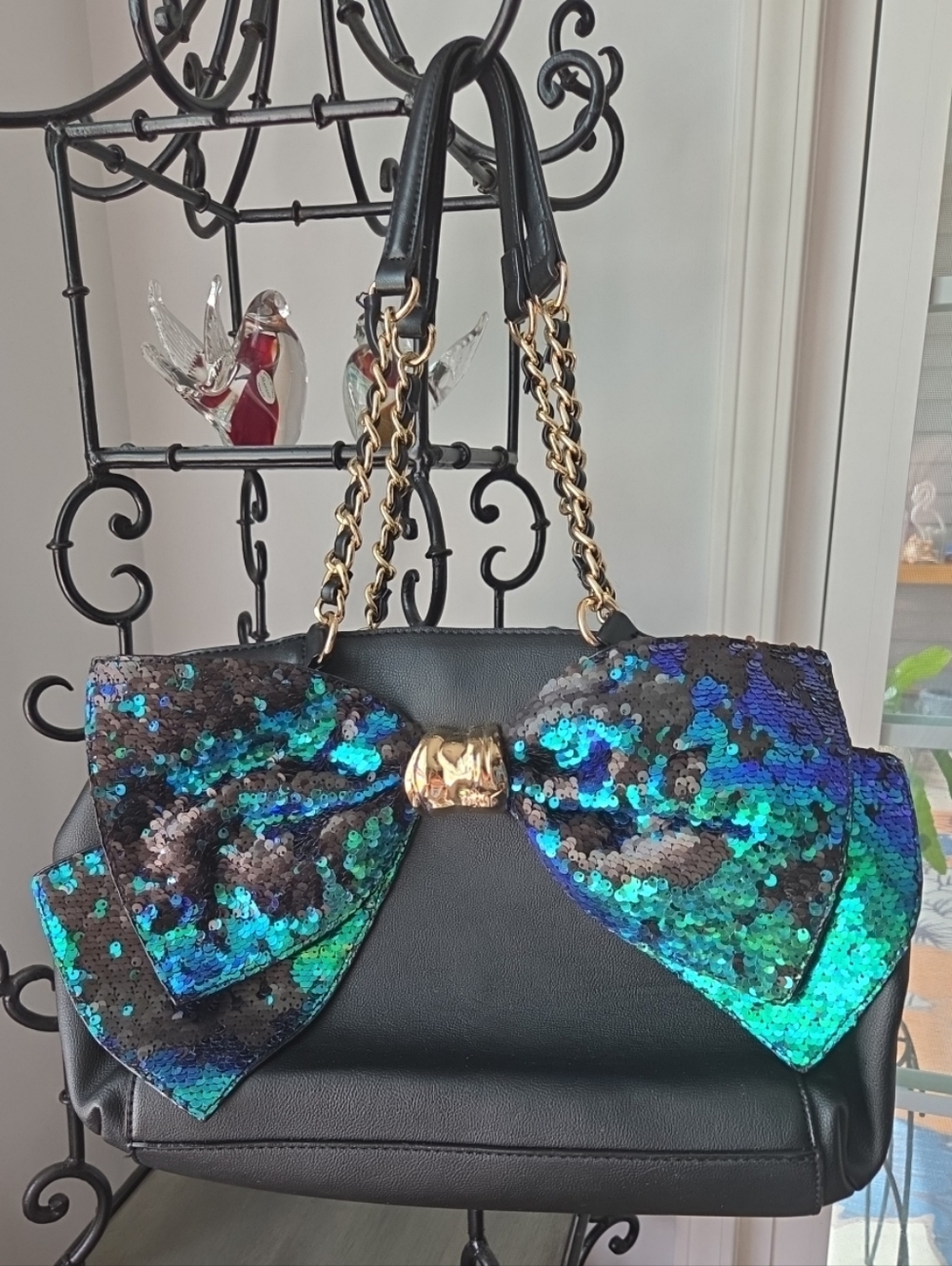 Betsey Johnson Black and Blue Green Mermaid Sequin Bow Large Satchel Shoulder